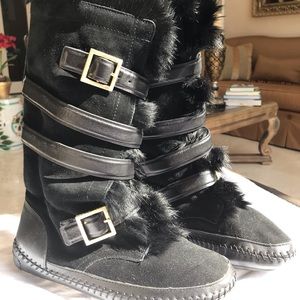 Tory Burch Suede Rabbit Fur Lined Leather Boots - Size 9